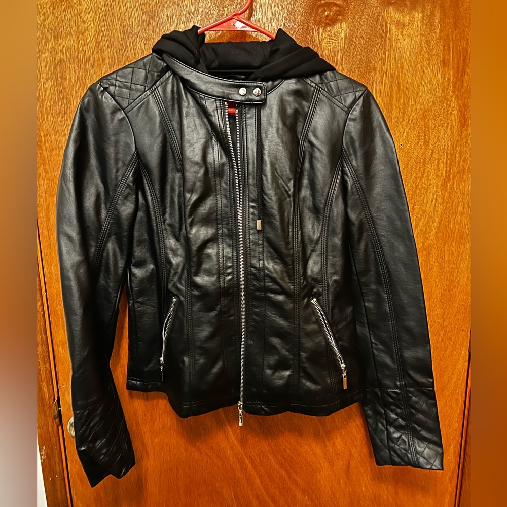 Guess faux leather double zip jacket with hood - Size Medium